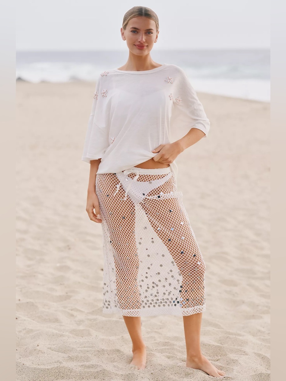 Celandine Sheer Mesh Sequin Drawstring Mermaid Midi Skirt